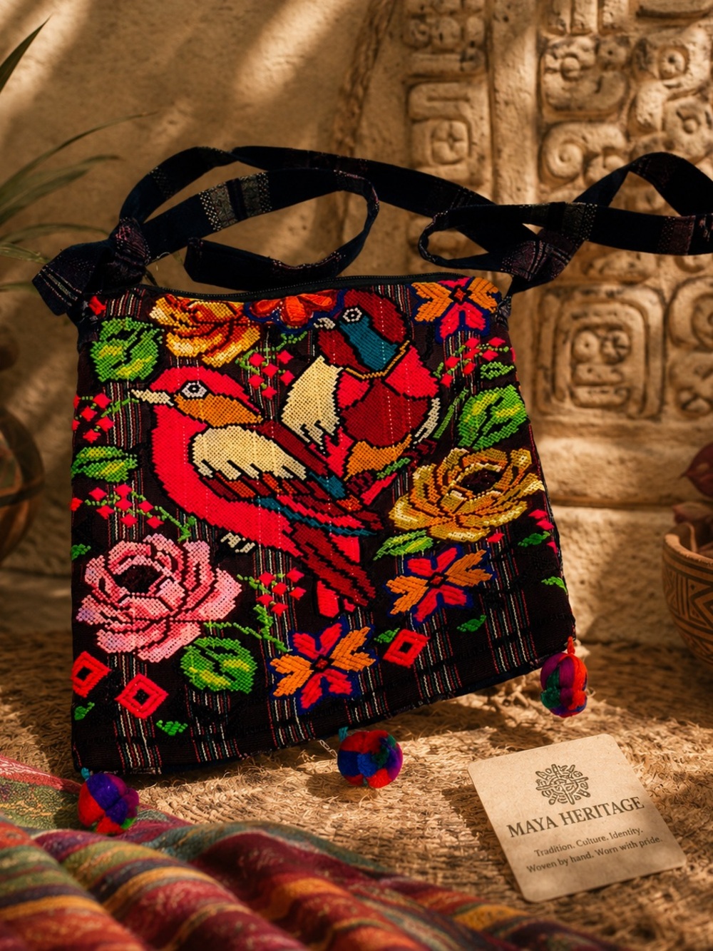 Handcrafted Guatemalan Embroidered Crossbody Bag | Colorful Bird Textile Design
